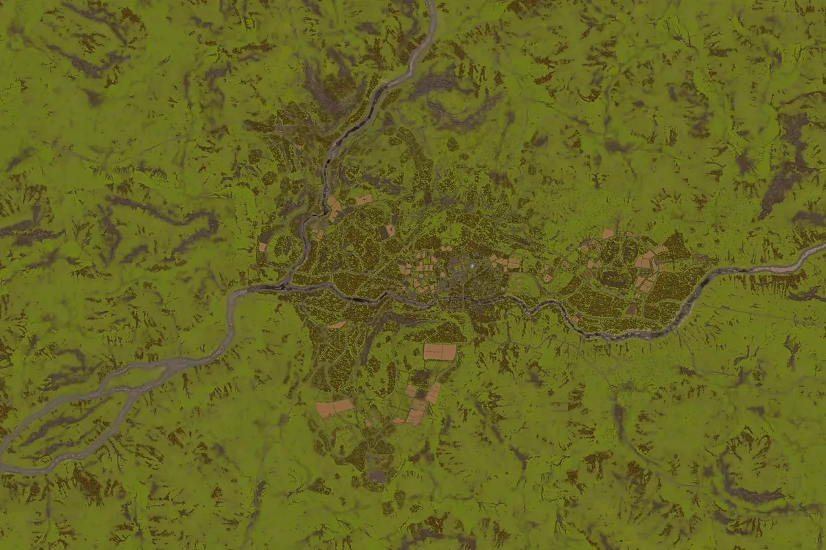 Overview of Ozeti with the zone spots, towers and spawns marked